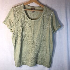 Chico's Size 3 L Sage Green w Cut Out Embroidered Flowers Knit Tee Shirt Cotton
